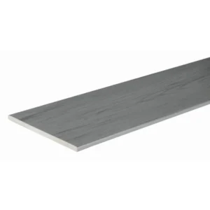 TimberTech Terrain Silver Maple composite fascia board shown in a side angle view, displaying its smooth finish and elegant wood grain texture in a cool gray tone.