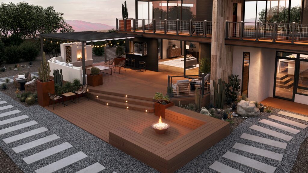 Modern home patio with built-in seating and Trex Signature Ocracoke composite decking in golden brown.