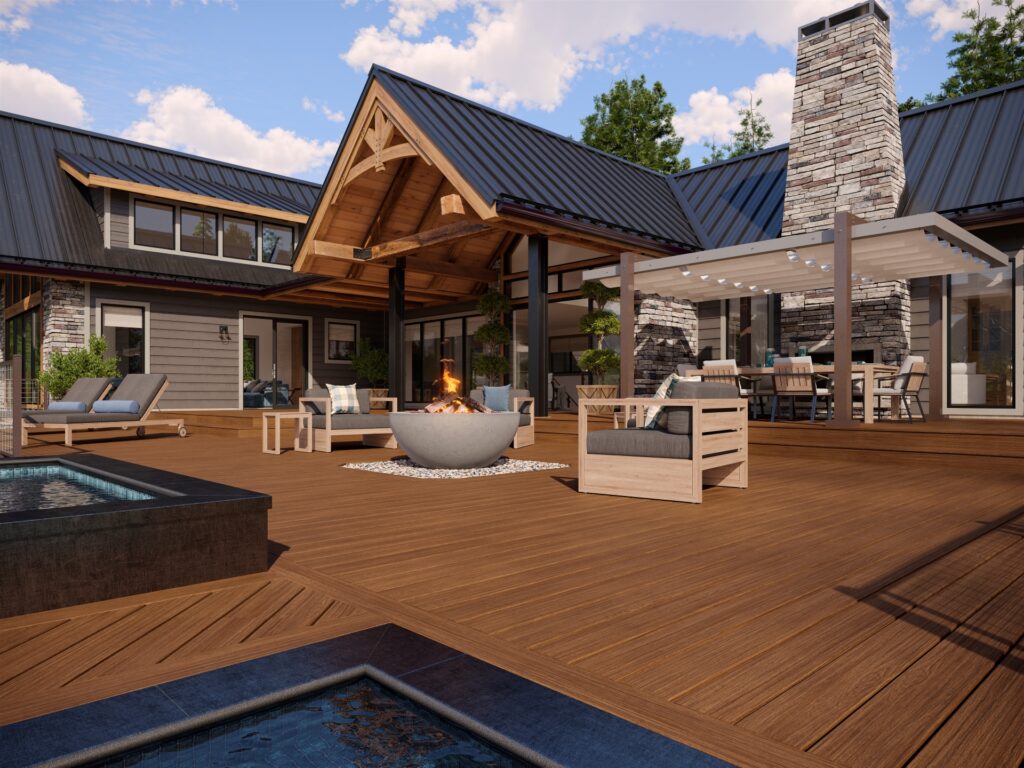 Rustic modern deck with Trex Signature Ocracoke boards, fire feature, and wood beam patio cover.