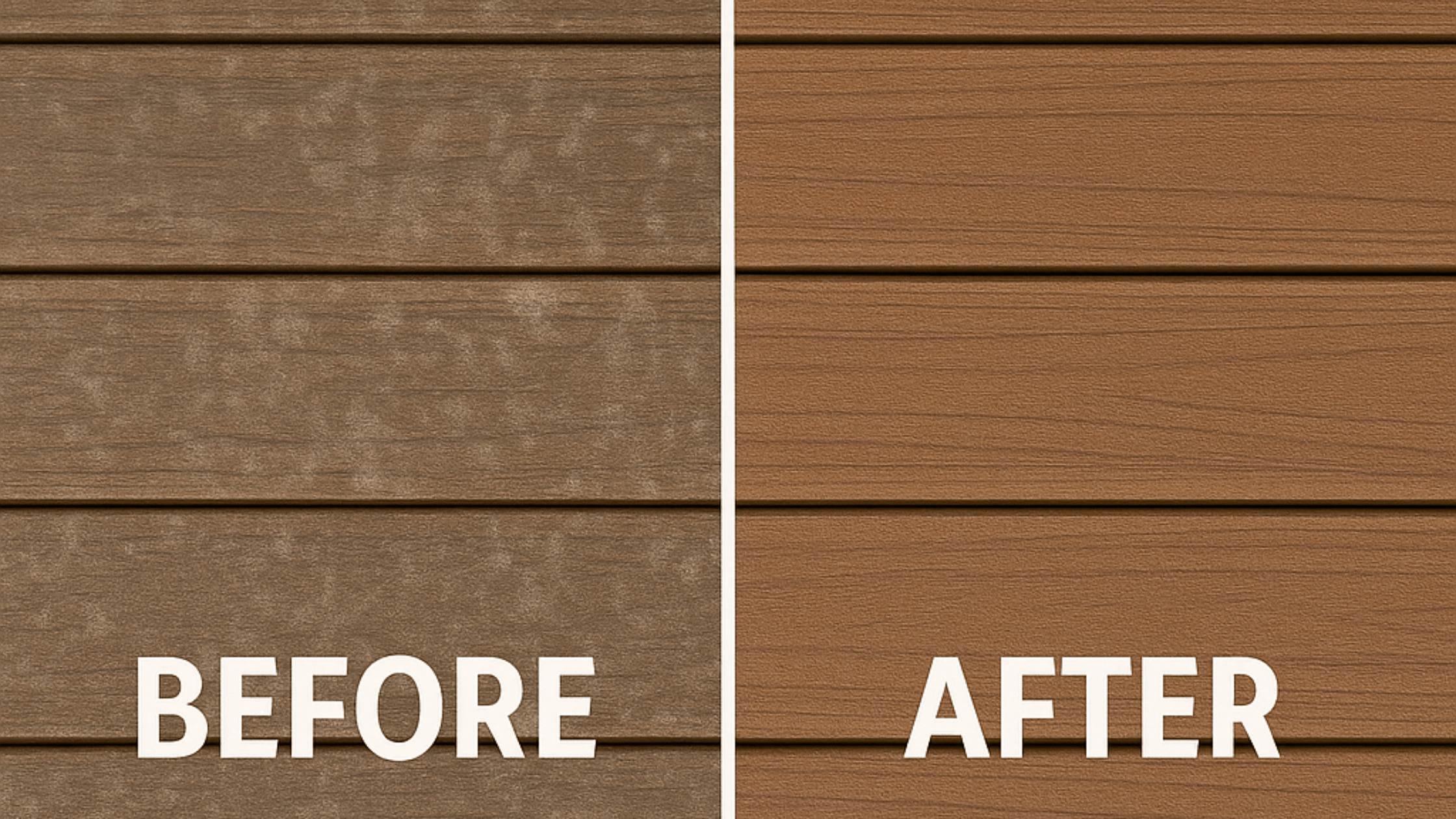 Before and after comparison of TimberTech decking showing a dirty surface restored to its original color after proper cleaning - an example of how to clean TimberTech decking effectively.