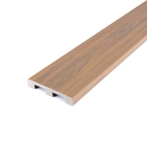 Angled close-up of a Deckorators Altitude solid-edge board in Highland, displaying the scalloped underside and authentic wood-grain finish. The solid-edge design is ideal for picture framing or stair treads while maintaining reduced weight and reliable durability.