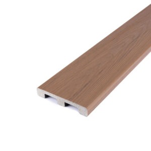 Angled close-up of a Deckorators Altitude solid-edge board in Sequoia, showing the natural redwood-inspired color and smooth wood-grain surface. Ideal for picture framing or stair applications, the solid-edge design offers a clean, polished finish and dependable durability.