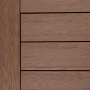 Close-up swatch of Deckorators Altitude Sequoia decking showing a warm medium-brown woodgrain with subtle natural streaking.