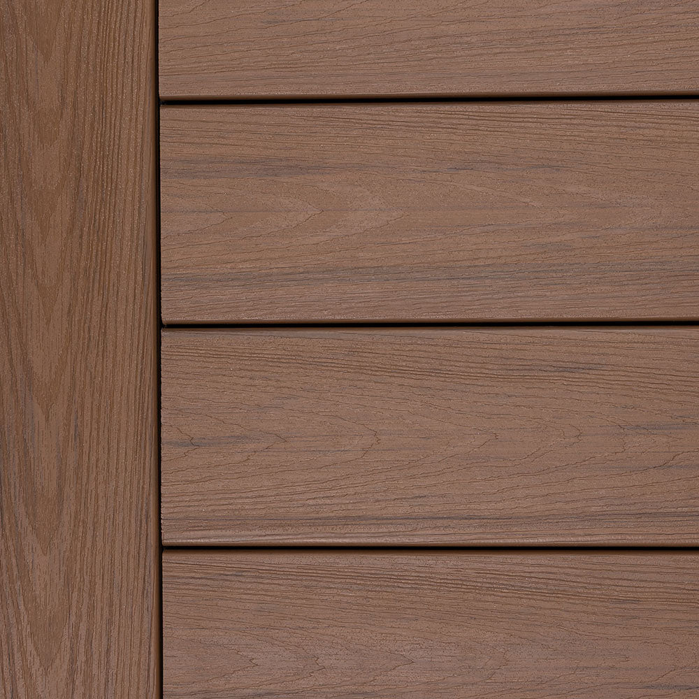 Close-up swatch of Deckorators Altitude Sequoia decking showing a warm medium-brown woodgrain with subtle natural streaking.