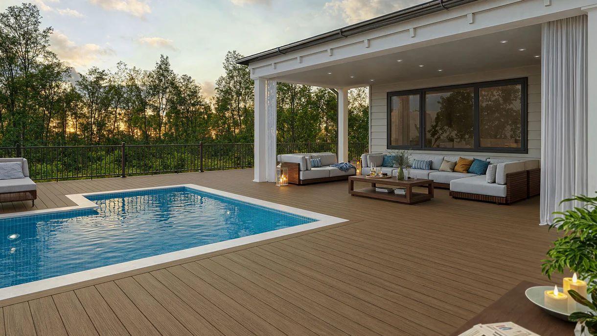 Deckorators Summit Boulder composite decking surrounding a backyard pool and covered patio. The warm brown boards feature a natural wood-grain texture that complements beige siding and outdoor furniture, showing a rich, earthy deck color for beige house exteriors.