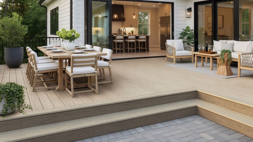 Modern outdoor dining and lounge deck finished in Deckorators Venture Shoreline, showcasing a light coastal wood-grain tone against a white home exterior.