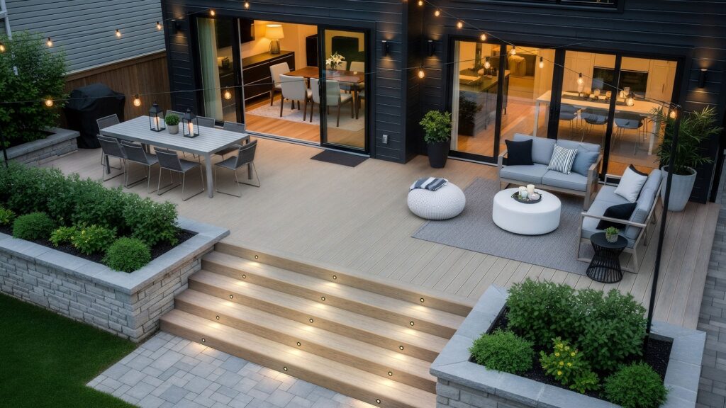 Contemporary backyard deck built with Deckorators Venture Shoreline, featuring soft beige wood-grain boards, integrated stair lighting, and modern outdoor seating.
