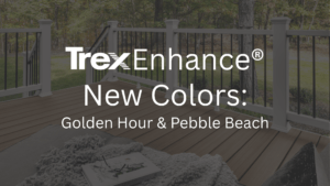 A backyard deck featuring the new Trex Enhance colors Golden Hour and Pebble Beach, shown with white posts, black railings, and a cozy outdoor rug. The image highlights the natural wood-grain texture and warm tones of the new Trex Enhance® decking options for 2025.