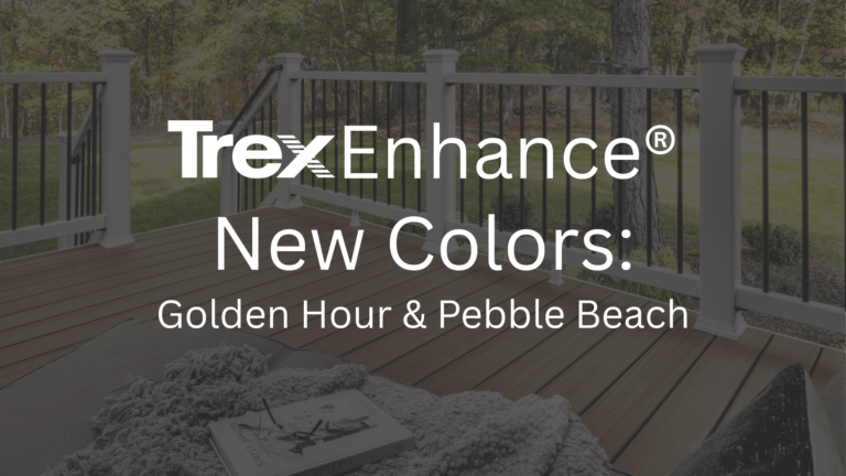A backyard deck featuring the new Trex Enhance colors Golden Hour and Pebble Beach, shown with white posts, black railings, and a cozy outdoor rug. The image highlights the natural wood-grain texture and warm tones of the new Trex Enhance® decking options for 2025.