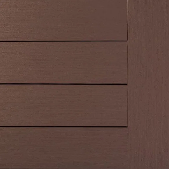 Close-up of TimberTech Prime composite decking in Dark Teak, showcasing a rich, chocolate-brown tone with subtle painted-wood texture and straight grain detail. The scalloped board profile offers a smooth, clean finish designed for a traditional wood look without the maintenance. Perfect for warm-toned, classic outdoor spaces.