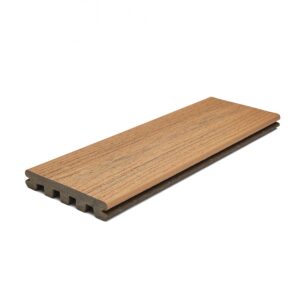 Trex Enhance Golden Hour 1-inch grooved-edge composite decking board with realistic wood-grain finish and grooved sides for hidden fastener installation.