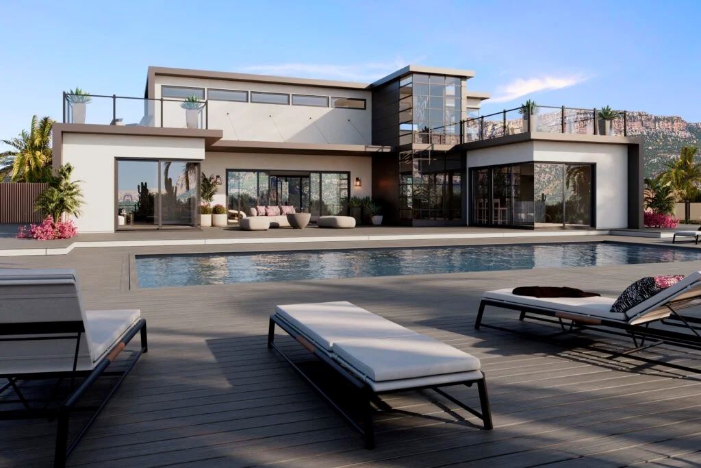 Contemporary beige home with Trex Signature Whidbey composite decking in a soft greige tone. The elegant gray-beige color enhances the home’s modern architecture, offering a refined and balanced deck color for beige house styles.