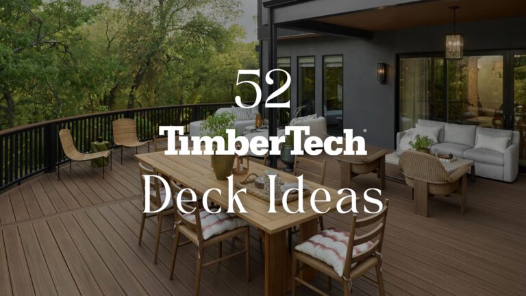 Showcase of TimberTech deck ideas featuring PVC and composite designs in warm wood tones and modern gray finishes, perfect for durable outdoor living.