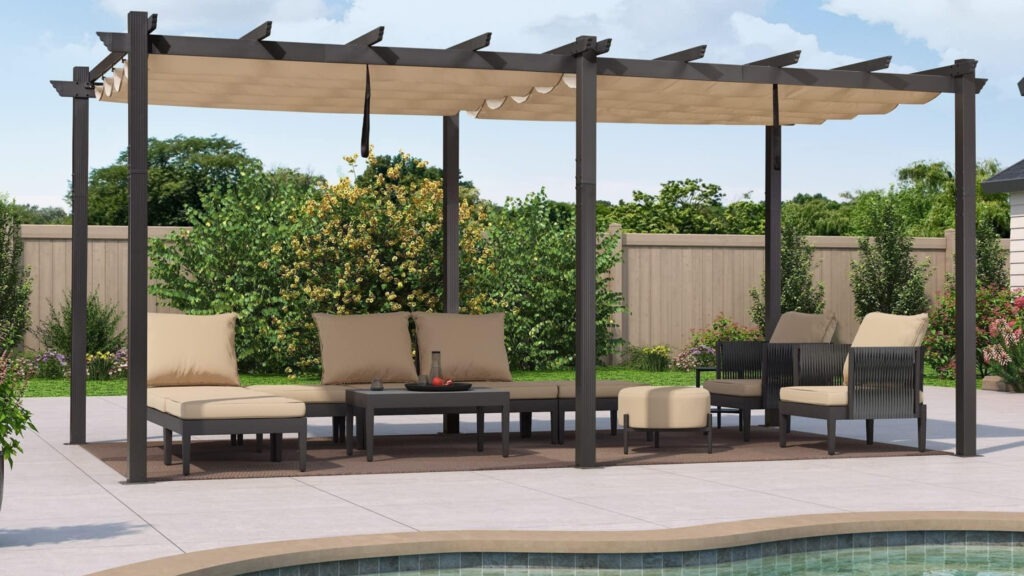 Black metal pergola with retractable canopy and tan patio seating near backyard pool.