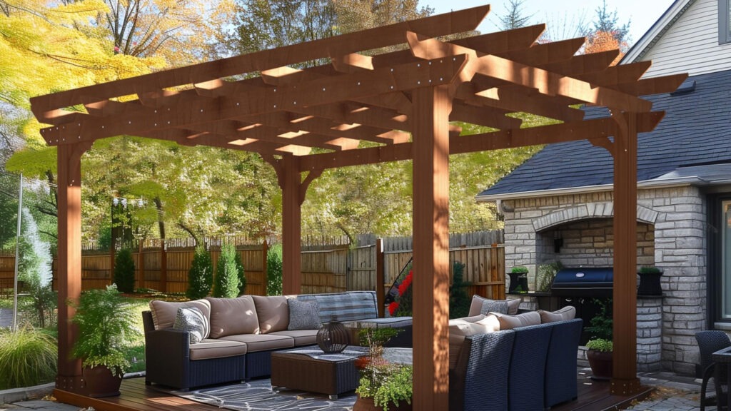 Classic wood pergola with outdoor sofa set, patio rug, and greenery in backyard.
