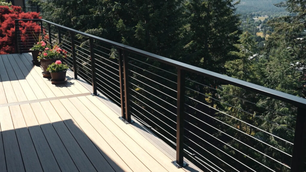 Elevated deck with black cable railing overlooking forest valley.