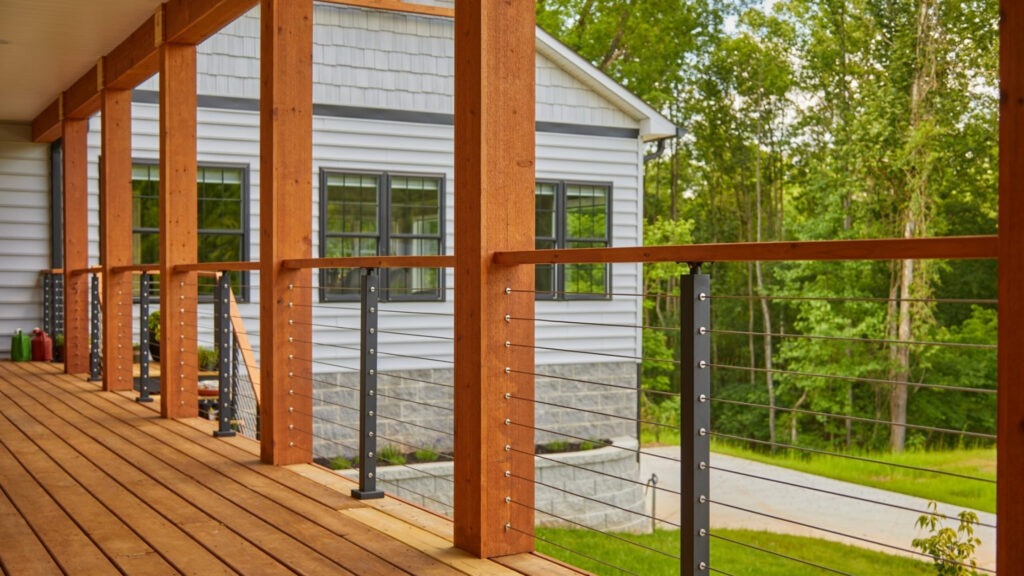 Farmhouse porch with wood posts and horizontal cable infill.