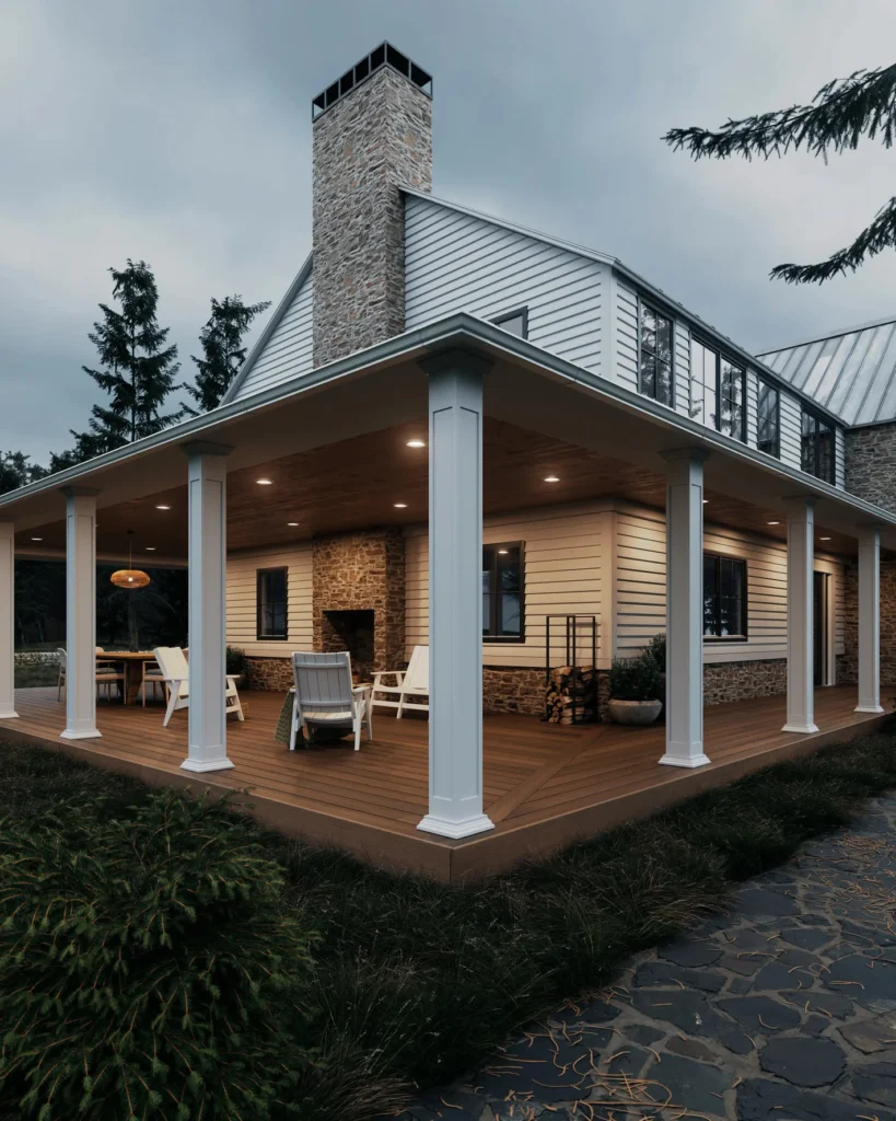 Fiberon Concordia Astir Mountain Ash decking installed on a wraparound porch of a modern farmhouse, featuring warm taupe-brown composite boards accented by white columns, stone walls, and soft evening lighting for a cozy outdoor retreat.