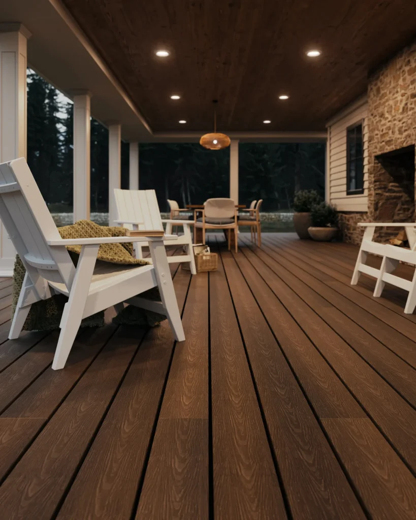 Close-up of Fiberon Concordia Astir Mountain Ash decking showcasing its realistic woodgrain texture and rich brown undertones, paired with white Adirondack chairs and a stone fireplace for a warm, inviting outdoor atmosphere.