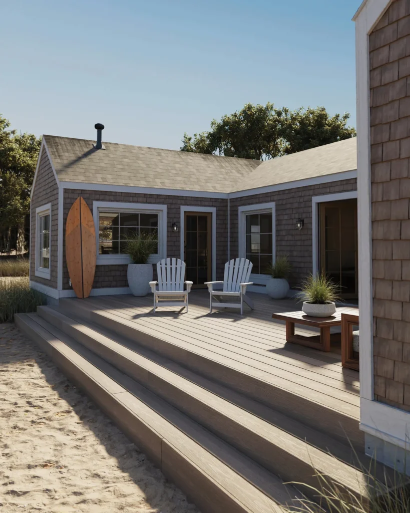 Fiberon Concordia Astir Seaside Mist decking installed on a beachside cottage patio, featuring soft gray composite boards that echo driftwood tones, paired with white Adirondack chairs, coastal plants, and sand blending seamlessly into the serene shoreline setting.
