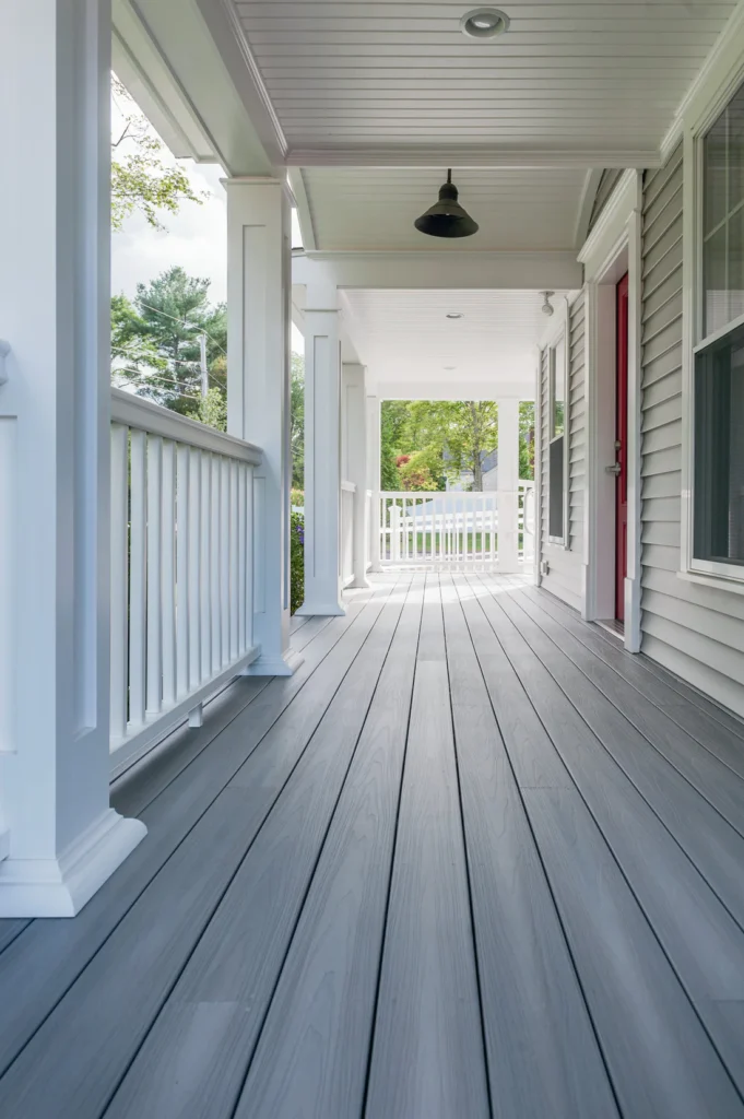 Outdoor deck built with Fiberon Concordia Horizon Castle Gray decking, paired with black railings and a stainless steel grill, showcasing its soft gray tones and elegant, modern appeal.