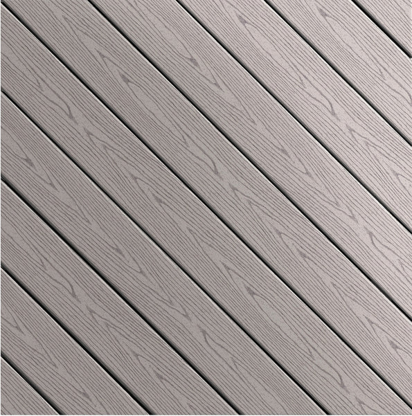 Detailed image of Fiberon Sanctuary Moringa decking, a cool, earthy brown shade with gray undertones and realistic woodgrain texture, blending rustic charm with modern durability.