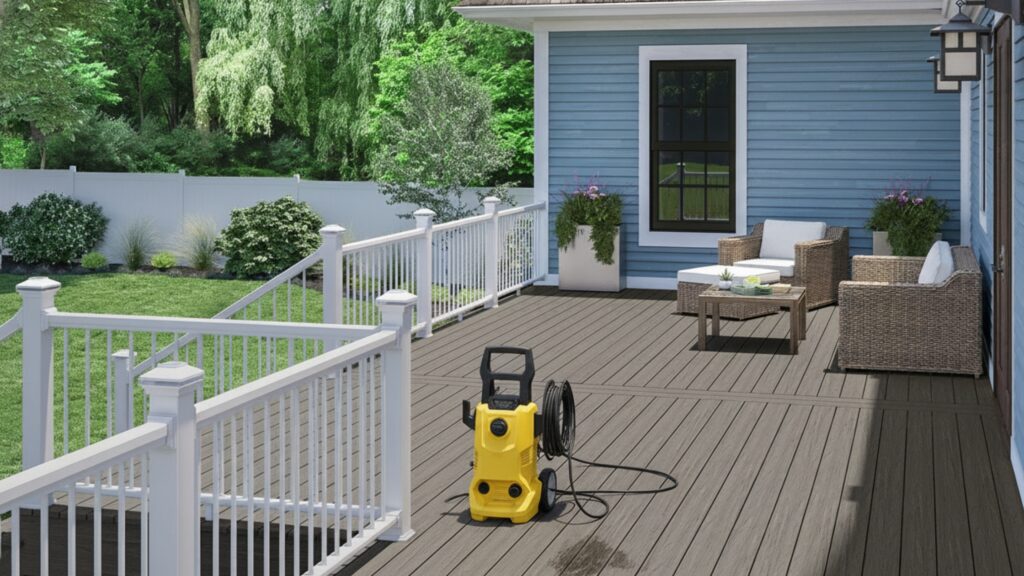 How to clean Deckorators decking using a pressure washer - proper power washing technique.