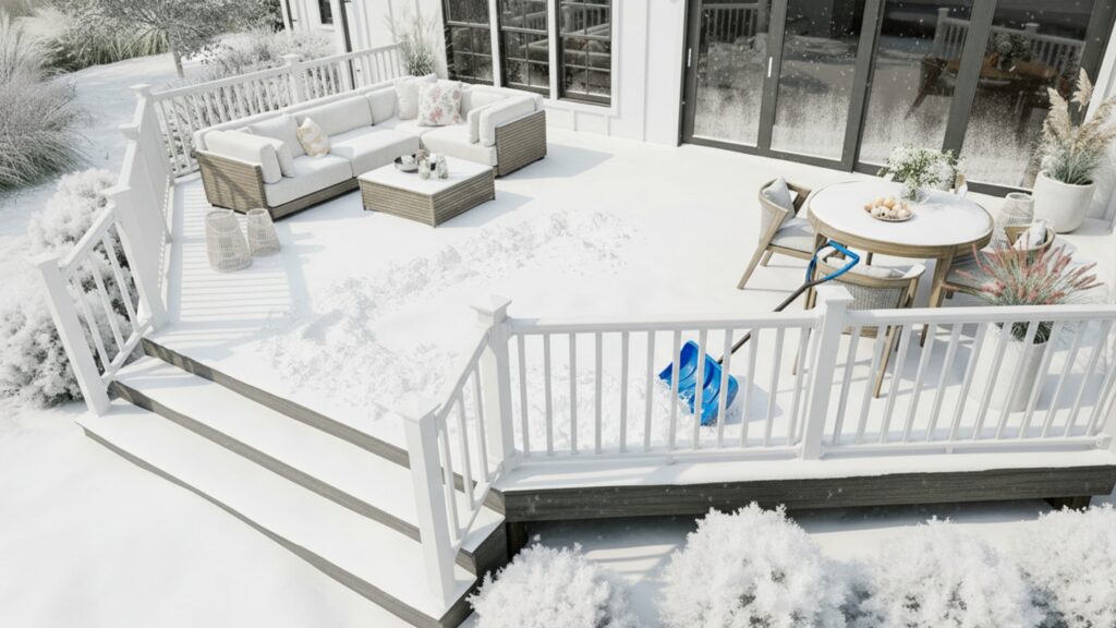 How to clean Deckorators decking in winter - clearing snow and ice safely without damage.