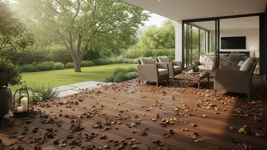 Envision decking covered with leaves showing routine dirt and debris cleaning needs.