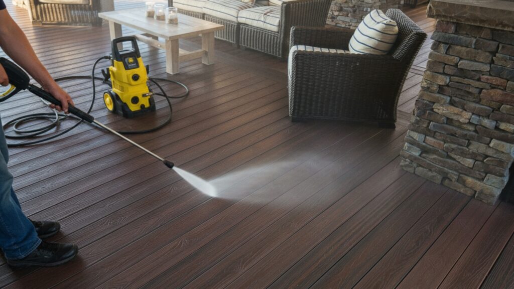 Pressure washing Envision composite decking using a safe fan-tip nozzle technique.