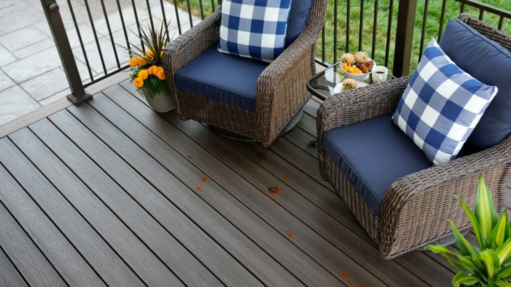Rust stains beneath metal furniture on Envision decking demonstrating stain treatment needs.