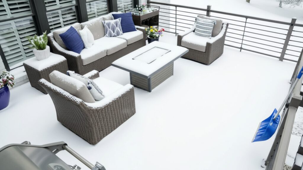 Snow-covered Envision deck demonstrating safe winter snow removal practices.