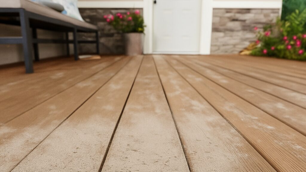 Cleaning concrete and cement dust off Fiberon composite decking with a hose rinse.