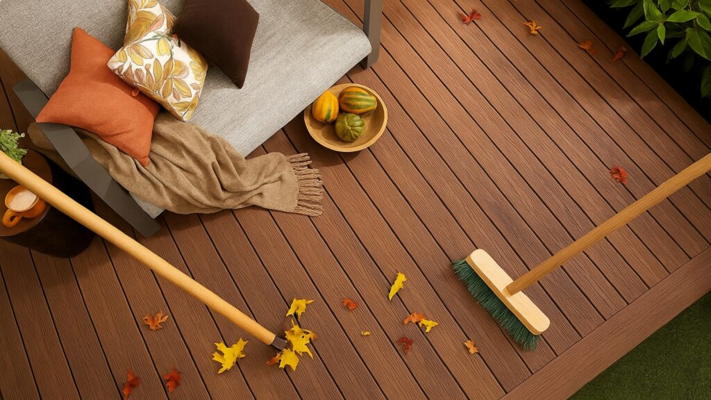 Regular Fiberon deck maintenance showing fallen leaves being swept off composite boards.