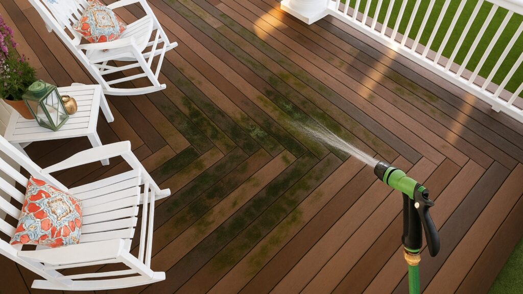 How to clean mold and mildew from Fiberon composite decking using a garden hose rinse.