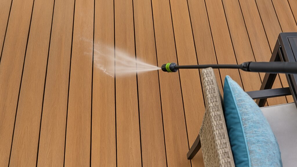 Safe pressure washing on Fiberon composite decking for deep outdoor deck cleaning.