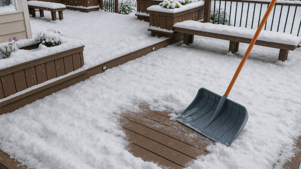 How to remove snow and ice from Fiberon composite decking using a plastic shovel in winter.