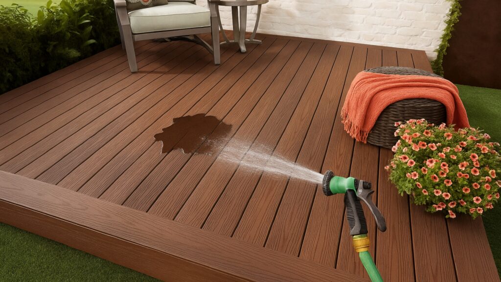 How to remove stains and spills from Fiberon composite decking using a garden hose spray.