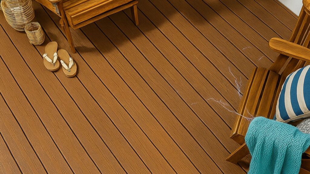 Static electricity on Fiberon composite decking showing light scuff marks near outdoor furniture.