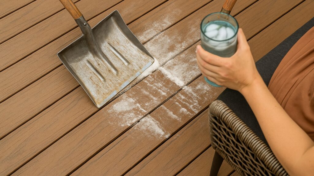 What not to do when cleaning Fiberon composite decking showing metal shovel scraping and causing residue on deck boards.