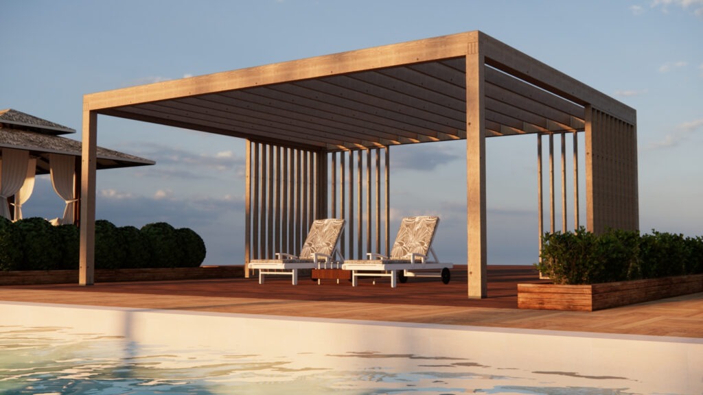 Minimalist wooden pergola with two modern lounge chairs beside pool at sunset.