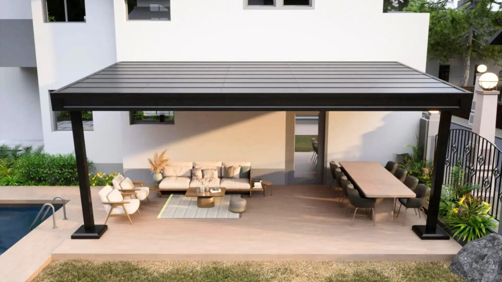 Modern aluminum pergola covering outdoor sofa and dining table on wooden patio.