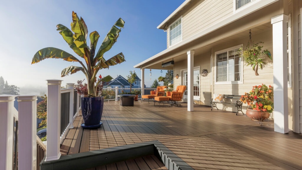 Modern TimberTech composite deck with contrasting gray border and seating area.