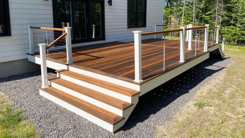 White modern home exterior with wood deck and horizontal stainless cable railing, elegant example of cable deck railing ideas for contemporary homes.