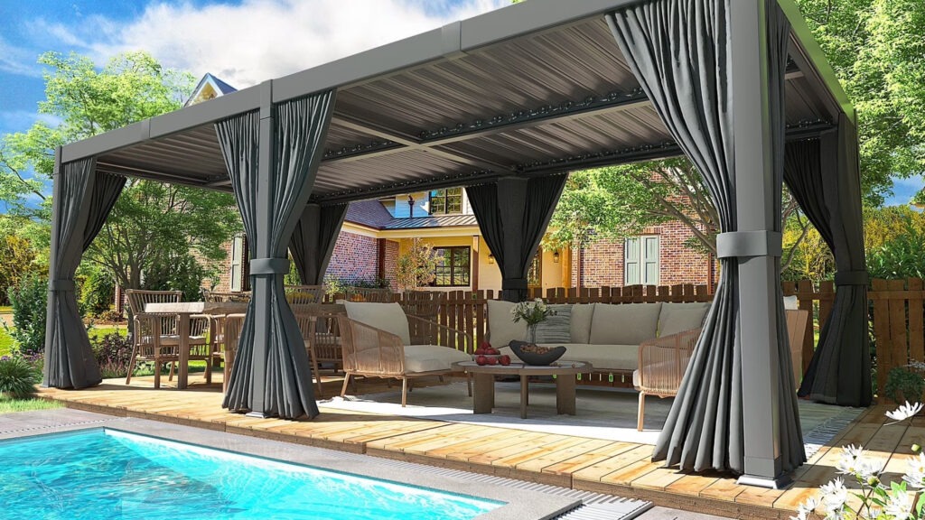 Modern pergola beside pool with gray privacy curtains, lounge chairs, and outdoor table.