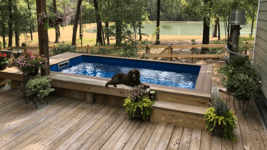 Rustic wood deck with small pool, hanging plants, and natural garden setting.