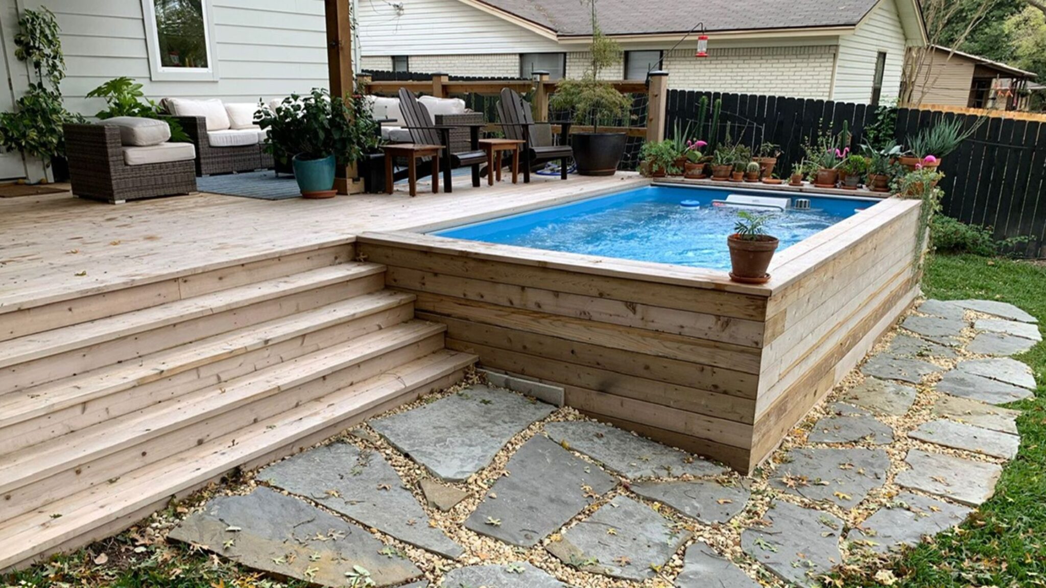 Curated visual reference: Small Space Minimalist Pool Deck Ideas With Compact Seating Reference: 49 Above Ground Pool Deck Ideas For Outdoor Living