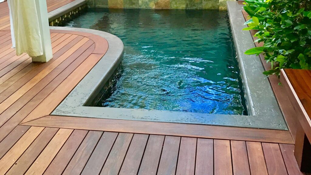 Small inground pool surrounded by warm wood decking and lush green plants.