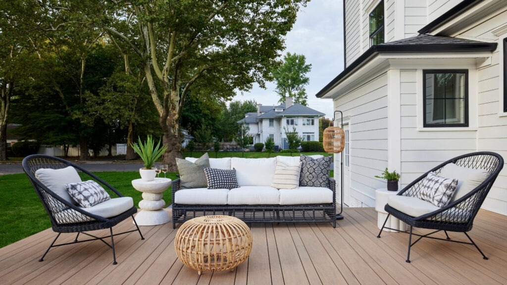 TimberTech Vintage Weathered Teak wide-width deck with modern architecture and clean edge.