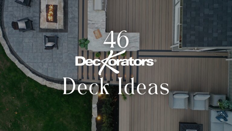 Deckorators deck ideas featuring a modern outdoor composite deck with built-in seating and clean railing design.